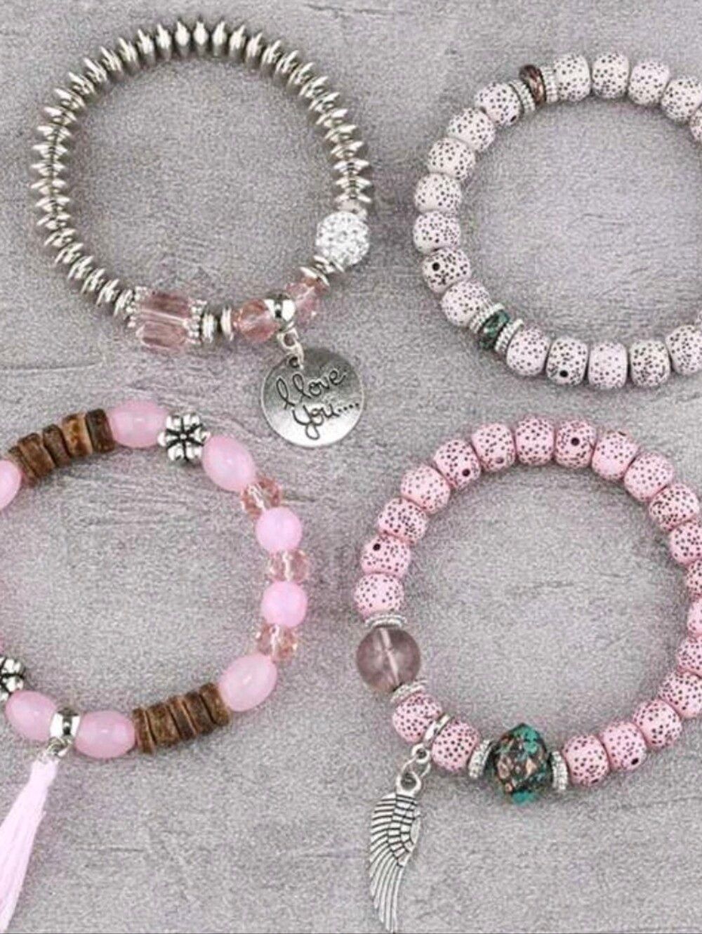 ♡♡♡ Fashion Jewelry Pink Taupe Beaded Bracelet Set Butterfly Charm - 4pcs - Picture 3 of 4